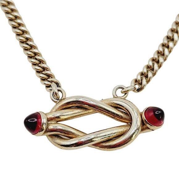 Vintage Swank Slide On Tie Bar W/ Chain Knotted Accent Red Glass Ends Gold Tone - Picture 3 of 8